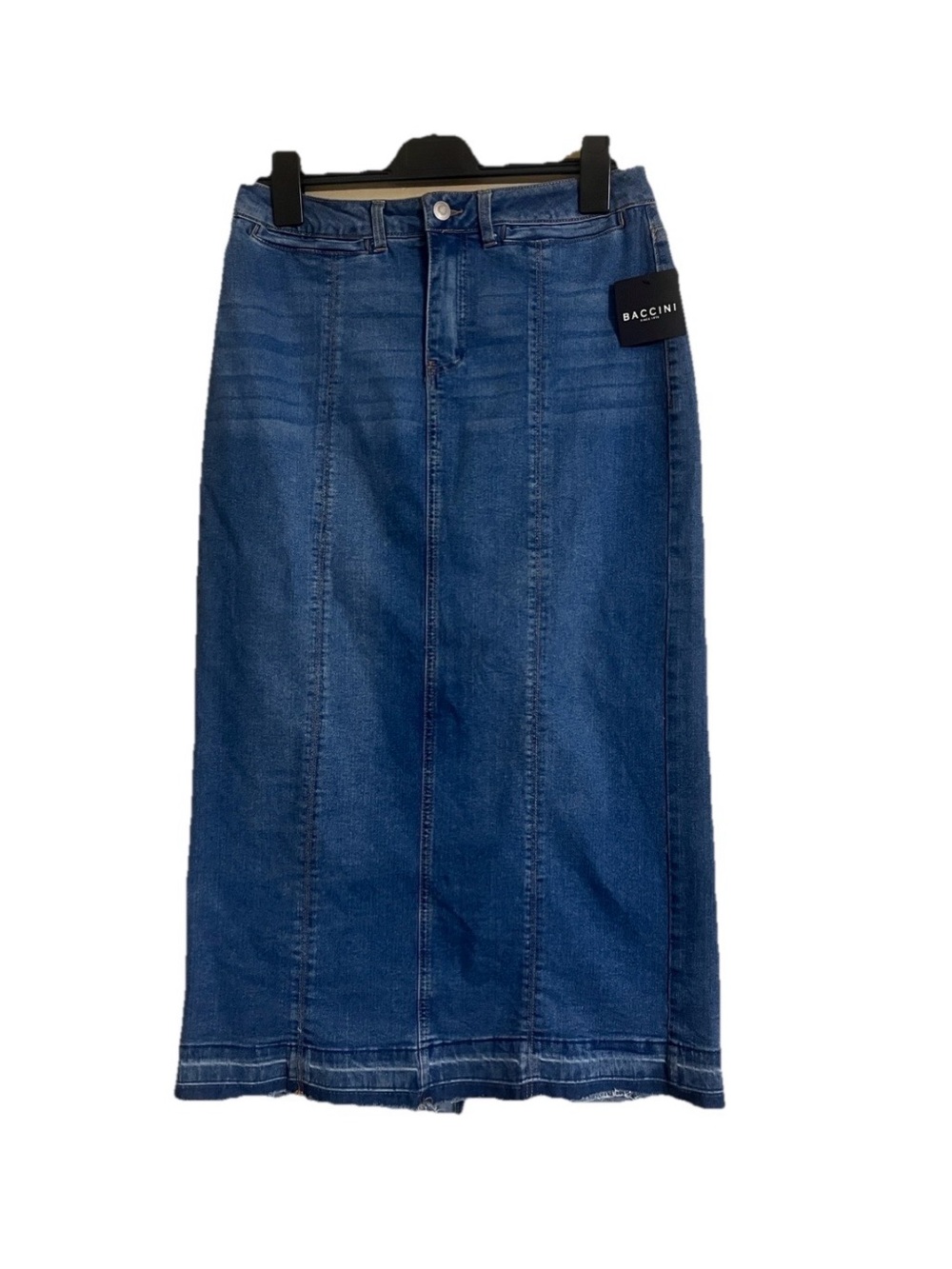 Baccini Denim Midi Skirt Sz 10 Frayed Hem Back Slit Classic Blue Feminine Casual